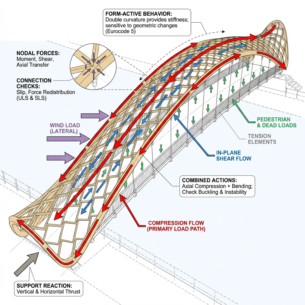 Force flow diagram for timber gridshell bridge